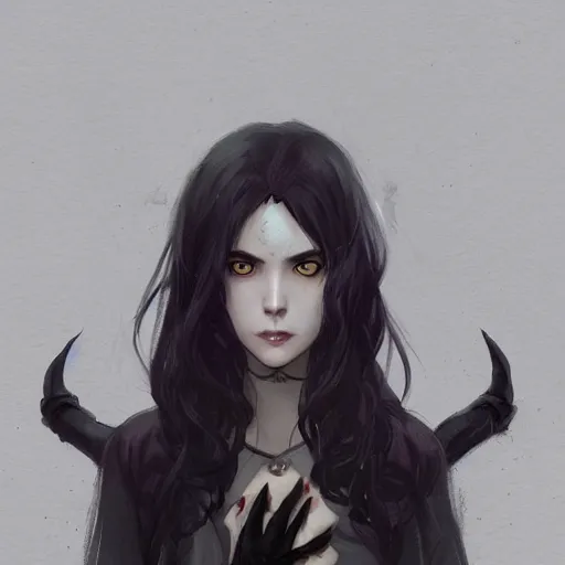 Image similar to female human vampire witch in the style of greg rutkowski, makoto shinkai, trending on artstation, character design, concept art, pretty face, highly detailed, long black hair, portrait, digital art