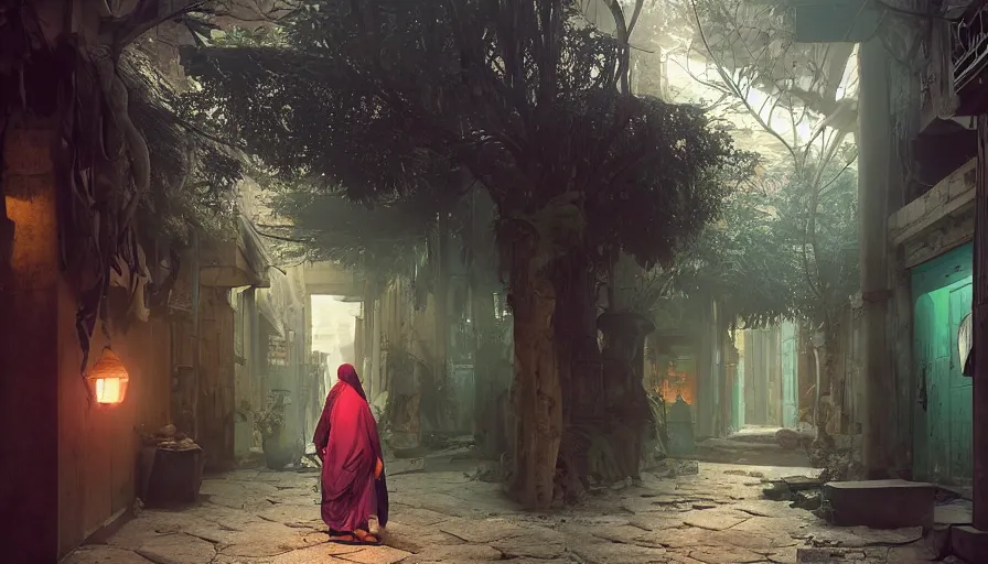 Image similar to old jeddah city alley, roshan, shops, a big magical glowing time portal, a nomad wearing a worn out coat, plants, old tree, kids, dramatic lighting fantasy, sci fi, by caspar david friedrich by beeple and james gilleard and justin gerard, centered, artstation, smooth, sharp focus, photoreal octane render, by jean baptiste monge