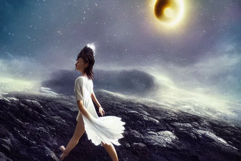 Prompt: giant white daisy flower over head, girl walking on cliff, surreal photography, solar eclipse, milky way, dramatic light, impressionist painting, clouds, digital painting, artstation, james gilleard and liam wong and jeremy mann