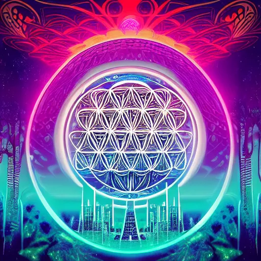 Image similar to mystical psychedelic poster with shaded lighting in the style of andriod jones, radiant light, detailed and complex environment, beautiful, utopic astral city in the sky with many buildings and temples reflecting a modern city on the ground with old growth pine trees, overlaid sacred geometry, flower of life, with implied lines, gradient of hot pink and neon baby blue