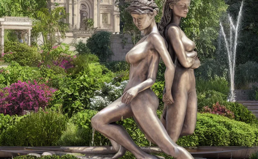 Image similar to The kneeling statue of a woman in a beautiful garden, next to a fountain and a mystical palace, hyperrealistic mixed media, stunning 3d render inspired art by P. Craig Russell and Barry Windsor-Smith + perfect facial symmetry + dim volumetric lighting, 8k octane beautifully detailed render, post-processing, extremely hyperdetailed, intricate futuristic mechanic parts, epic composition, grim yet sparkling atmosphere, cinematic lighting + masterpiece, trending on artstation