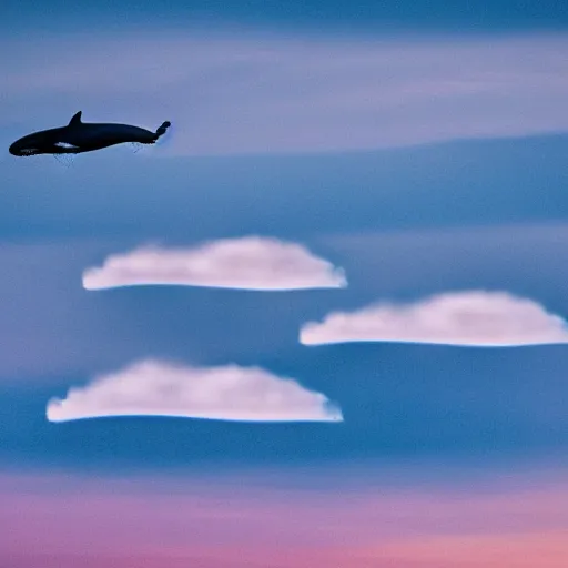 Image similar to a whale flying in the clouds at twilight