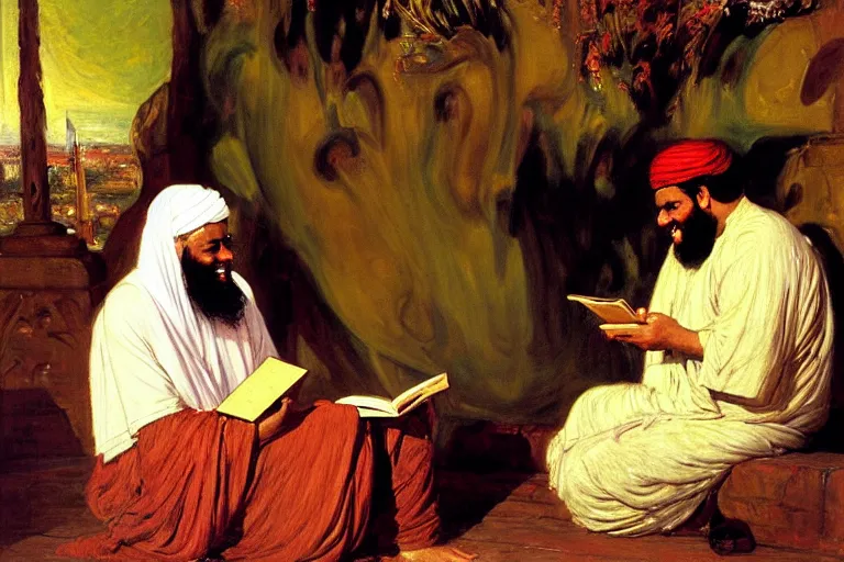 Image similar to the prophet mohammed reading salman rushdies book the satanic verses to a woman, being delighted and cheerful, whispering words of wisdom in solidarity, painted by frederick arthur bridgman, oil on canvas