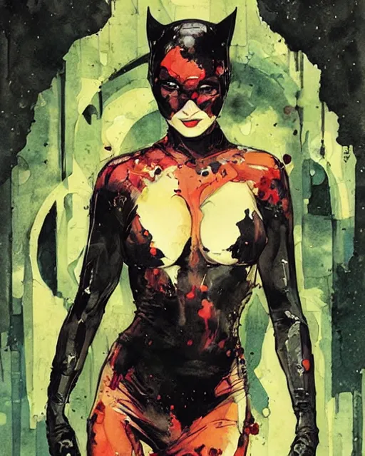 Prompt: comic cover art by david mack and greg rutkowski, catwoman full body, tight fit, vivid vector colors, russian female, perfectly symmetrical facial features, hyperdetailed, bleed, spatter, india ink, bill sienkiewicz