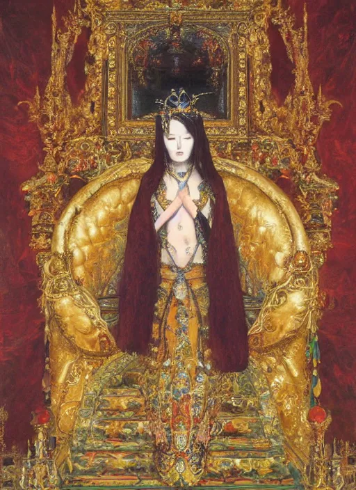 Prompt: oil painting of portait Queen of Ecstasy in a large throne room, Hungarian, by Yoshitaka Amano