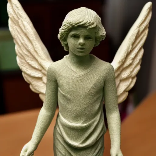 Prompt: A photo of a Biblically accurate angel that's been 3D printed in green filament. 50mm lens, f1.8.