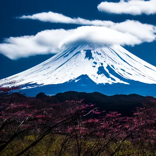 Image similar to a photo of mt fuji taken from the bottom of the mountain, wide angle lens, cinematic,