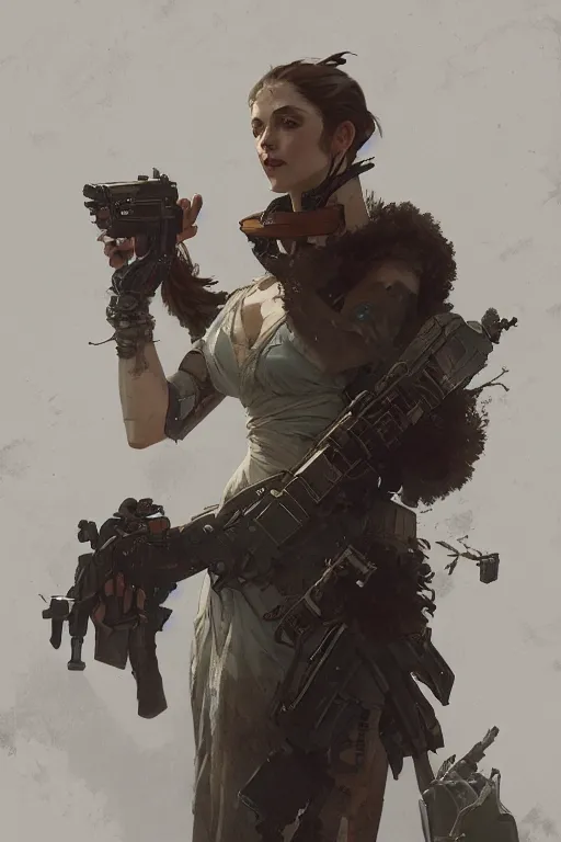 Prompt: A full portrait of a beautiful post apocalyptic offworld arms dealer, intricate, elegant, highly detailed, digital painting, artstation, concept art, smooth, sharp focus, illustration, art by Krenz Cushart and Artem Demura and alphonse mucha