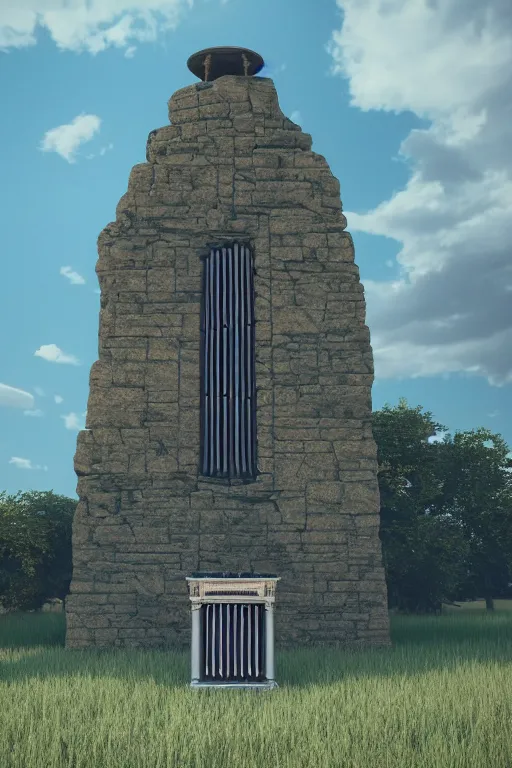 Prompt: a detailed render of an isolated lonely large pipe organ in the middle of a field, intertwined with a lone stone column, trending on artstation, render, 3 d, octane, 4 k, 8 k, unreal engine, cinema 4 d, baroque, art deco