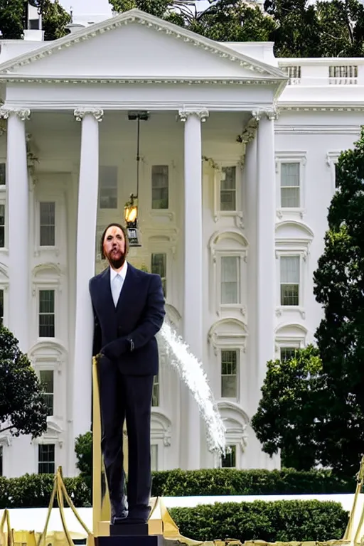 Image similar to A beautiful polished gold statue of Nicholas Cage in front of the White House, photo by Mann