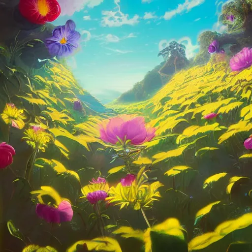 Image similar to retro painting of surreal waiizi flowers, by Ross Tran, highly detailed, hyperrealism, excellent composition, cinematic concept art, dramatic lighting, trending on ArtStation