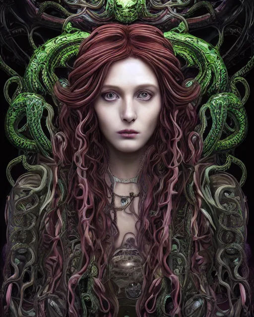 Prompt: Pre-raphaelite perfectly-centered ultradetailed realistic RPG smooth digital art portrait of a beautiful lovecraftian Medusa with symmetrical features and ravepunk snakes for hair, in a cyberpunk suit and reflected armor, standing next to sci-fi aetherpunk towers, style of epic comic-book cover, 3D rim light, octane, cgsociety, sharp focus