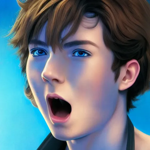 Image similar to a handsome young man with sandy brown hair and blue eyes singing into a neon blue microphone headset posing on stage. dynamic pose. line of action. concert. cinematic lighting. medium shot photorealistic. hyper realism. ray tracing hdr. intricate detailed masterpiece. by bouguereau and shigenori soejima. lifelike.