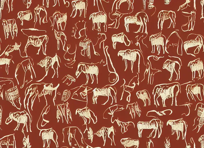 Prompt: painted pattern which figures of ancient hunters mammoths and vw buses siluets, rock cave painting, red ocher, finger painting