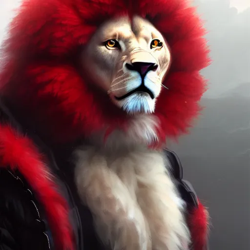 Image similar to commission portrait of a male anthro albino lion wearing a red-black puffer jacket.dramatic,character design by charles bowater,greg rutkowski,ross tran,hyperdetailed,hyperrealistic,4k,deviantart,artstation,professional photography,concept art