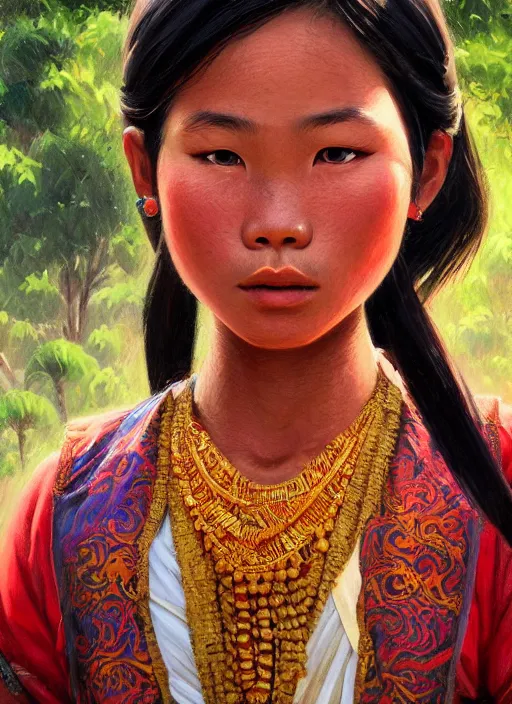 Image similar to portrait of a beautiful teen khmer ethnic northeast thailand, closeup portrait, historical, ethnic group, traditional costume, elegant, loin cloth, highly detailed, oil painting, artstation, concept art, matte, sharp focus, illustration, hearthstone, art by earl norem
