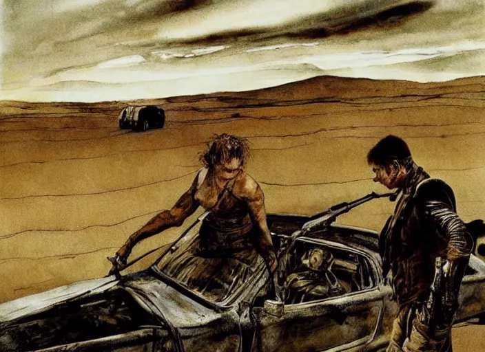 Image similar to mad max fury road, painting by andrew wyeth, very detailed, somber mood,