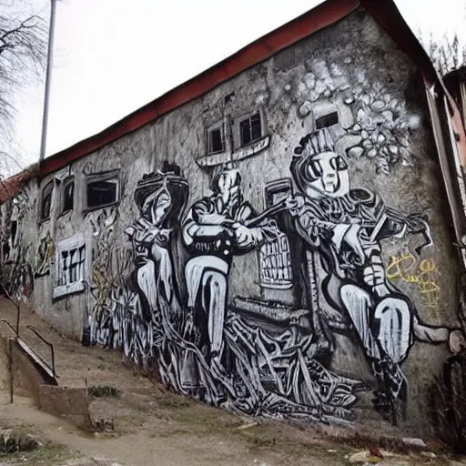 Image similar to transylvanian folk art, in the style of graffiti, made by phlegm