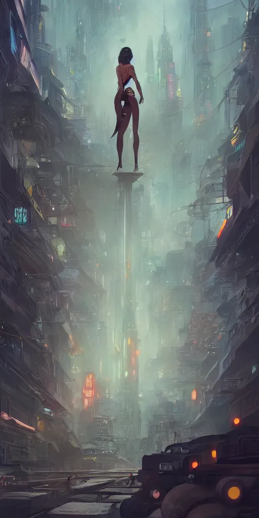 Image similar to a detailed concept art of a single woman against the background of an cyberpunk city , artstation, by Peter Mohrbacher, Art Nouveau, sophisticated, Unreal engine, intricate