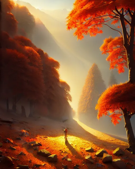 Image similar to autumn in the low - poly hills, diffuse lighting, intricate, elegant, highly detailed, lifelike, photorealistic, digital painting, artstation, illustration, concept art, smooth, sharp focus, by greg rutkowski, chris tulloch mccabe, valentina remenar,