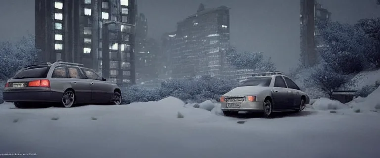 Prompt: Audi A4 B6 Avant (2002), a gritty neo-noir, dramatic lighting, cinematic, eerie person, death, homicide, homicide in the snow, gunshots, establishing shot, extremely high detail, photorealistic, cinematic lighting, artstation, by simon stalenhag, Max Payne (PC) (2001) winter New York at night, In the style of Max Payne 2 graphic novel, flashing lights, Poets of the Fall - Late Goodbye