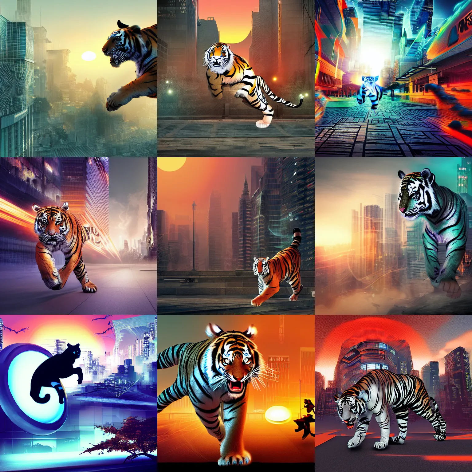 Prompt: A ghostly tiger chasing a ninja wearing digital material garb through the futuristic city at sunset, digital art