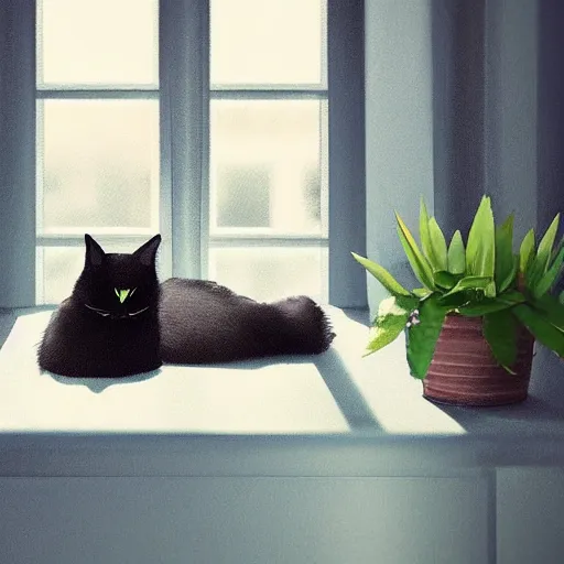 Image similar to peaceful dreamy painting of a content black cat sitting by a window, sunshine coming through the window, small plants on the window sill, 8k, highly detailed, trending on artstation, octane render