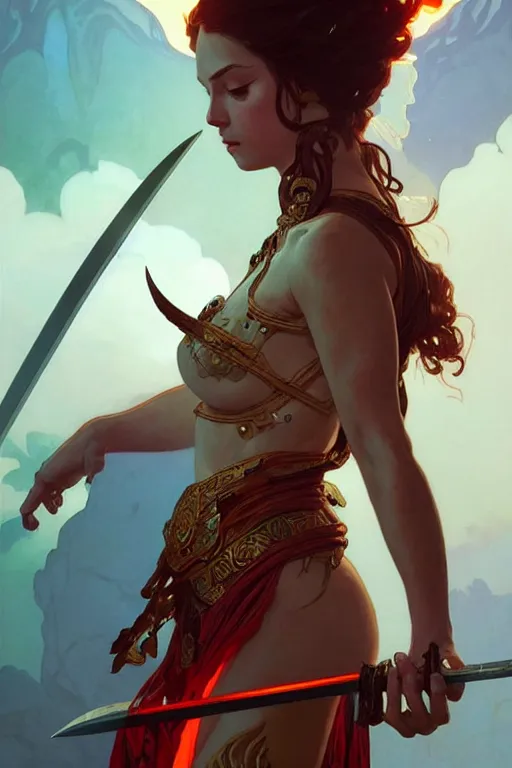 Image similar to a beautiful warrior woman with a fire sword, fantasy, sharp focus, intricate, elegant, digital painting, artstation, matte, highly detailed, concept art, illustration, ambient lighting, art by ilya kuvshinov, artgerm, Alphonse mucha, and Greg Rutkowski