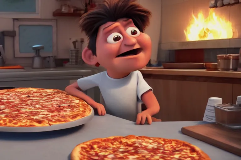 Image similar to still from a Pixar movie of Joe Keery making a pizza, high quality 3d render, movie, Pixar, Renderman, 4k, artstation