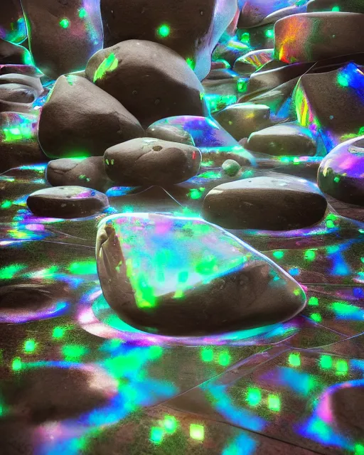 Image similar to psychedelic visions of huge rocks hallucinating on mescaline, futuristic white iridescent metal constructions floating around, no text, rendered with octane, hyper realistic, hyper detailed, surreal, futuristic, 8k