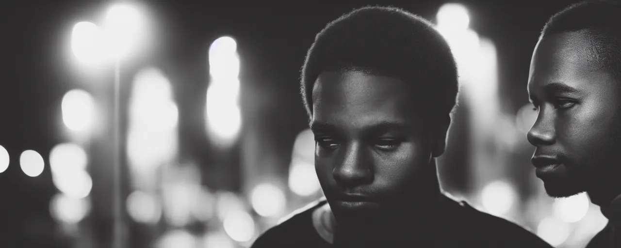 Prompt: a black man with a very bright halo above his head at night. cinematic photo. cinematic tone. sony 1 2 0 mm. f / 1. 8