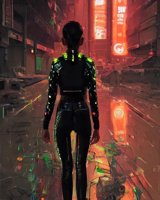 Image similar to detailed portrait Neon guard girl with short dark hair seen from the back, cyberpunk futuristic, reflective puffer jacket, black leggings, decorated with traditional ornaments in front of a dystopian crowd with piles of garbage by Ismail inceoglu dragan bibin hans thoma, Perfect face, fine details, realistic shaded, fine-face, pretty face