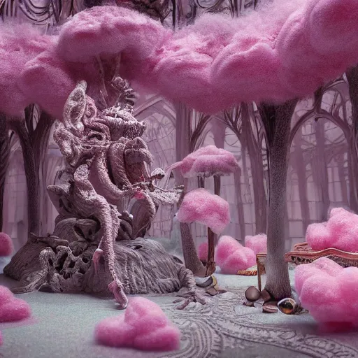 Image similar to cotton candy forrest by artem chebokha and aerroscape, intricate detail, finely detailed, small details, extra detail, photorealistic, high resolution, vray, hdr, hyper detailed, insane details, intricate, elite, ornate, elegant, luxury, dramatic lighting, octane render, weta digital, micro details, 3 d sculpture