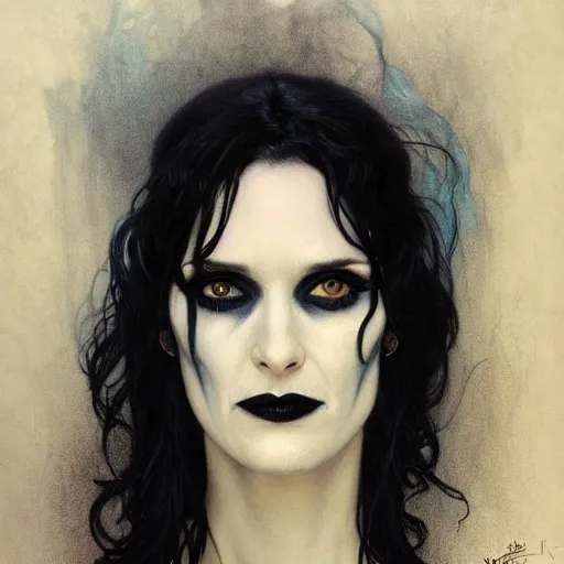 Image similar to portrait of winona ryder as death from sandman, gentle smile, by cedric peyravernay, boris vallejo, alphonse mucha, by jeremy mann, by lecouffe deharme, goth chic, soft lightning, eyeliner, punk rock, high detailed, 8 k, hyperrealism, donato giancola, joseph christian leyendecker, illustration, artgerm