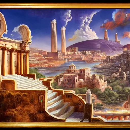 Image similar to Cinematic view approaching a detailed fantasy city with greek restored architecture from a searing desert; fantasy art