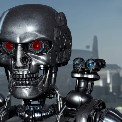 Image similar to closeup on the head of a terminator with borg enhancements, cameras for eyes, open head without plating and all components and gears are visible inside, ultra detailed 8k. There is a dystopian city in the background. Rendered with unreal 5 engine with ray tracing and tessellation