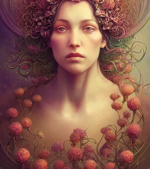 Image similar to a beautiful detailed front view portrait of a woman with ornate growing around, ornamentation, flowers, elegant, beautifully soft lit, golden ratio, full frame, by wayne barlowe, peter mohrbacher, kelly mckernan,