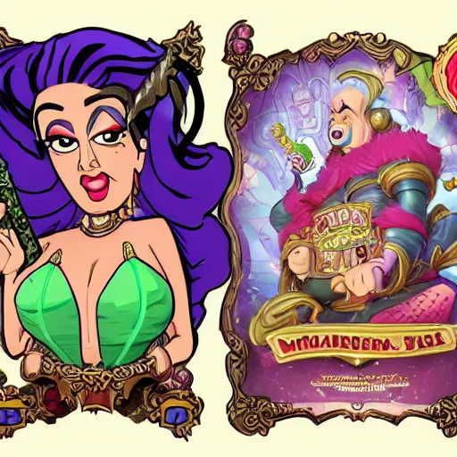 Prompt: the empress of licorice, monster, villainess, D&D character art, candyland, hearthstone, sharp detail, digital painting, character portrait, in the style of don bluth, frank cho, jack kirby, miyazaki, tony diterlizzi, wayne reynolds