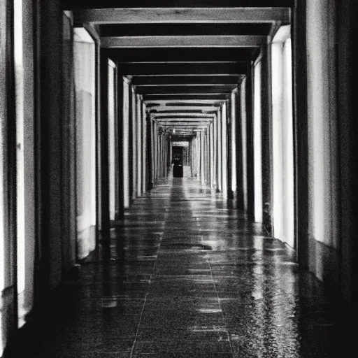 Image similar to an endless hallway with shallow water at the bottem of it, liminal