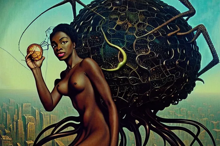 Prompt: realistic detailed portrait movie shot of a beautiful black woman riding a giant spider, dystopian city landscape background by denis villeneuve, amano, yves tanguy, alphonse mucha, max ernst, ernst haeckel, kehinde wiley, caravaggio, jean delville, david lynch, roger dean, cyber necklace, rich moody colours, sci fi patterns, dramatic, wide angle