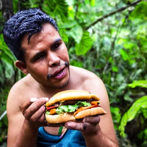 Image similar to a high detail photograph of a proud guatemalan citizen eating a hamburger in the middle of the jungle, award winning photograph