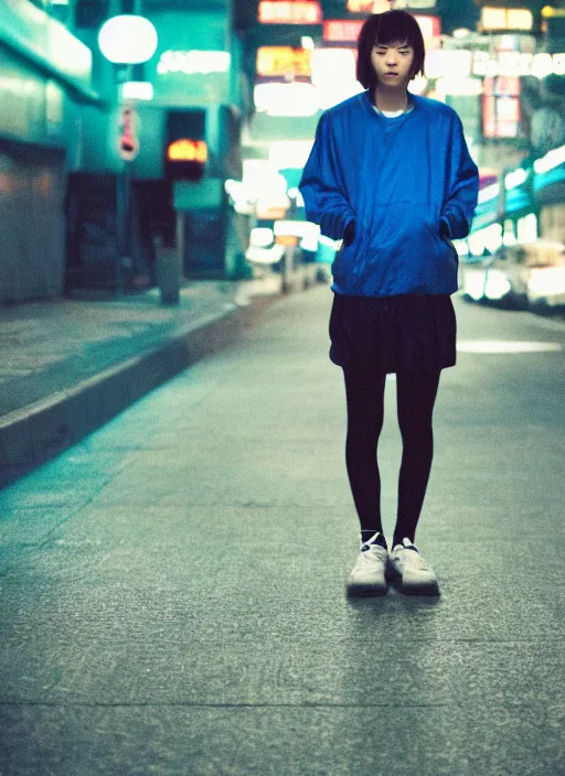 Prompt: High sneakers cyberpunk japanese, blue hour, twilight, cool, portrait, Kodachrome, ISO1200,