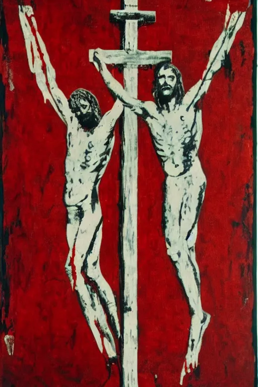 Image similar to bloody jesus christ crucified painted by cy twombly and andy warhol