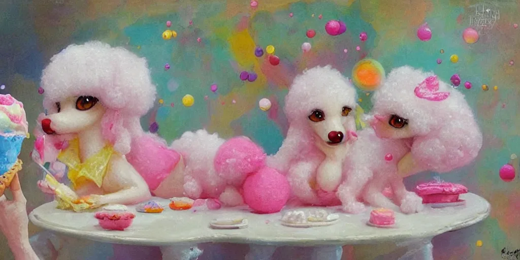 Image similar to bubble gum ice cream made in the shape of 3 d littlest pet shop poodle, realistic, melting, soft painting, forest, desserts, ice cream, glitter, master painter and art style of noel coypel, art of emile eisman - semenowsky, art of edouard bisson