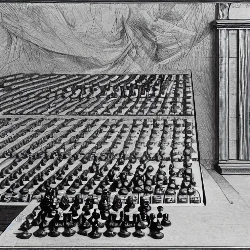 Prompt: an ancient machine, artificial intelligence chess machine, 1914 , in the style of Gustave Doré and Hito Steyerl, 35mm film