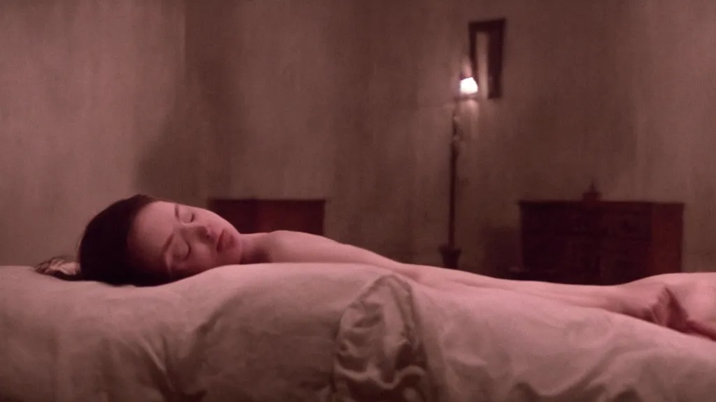 Prompt: movie still of a girl having sleep paralysis, cinematic composition, cinematic light, criterion collection, vivid colors, by david lynch