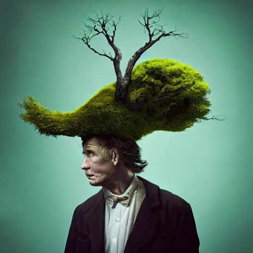 Image similar to a man in a green jacket with a tree on top of his head, a surrealist sculpture by kim keever, behance, pop surrealism, surrealist, dystopian art, whimsical