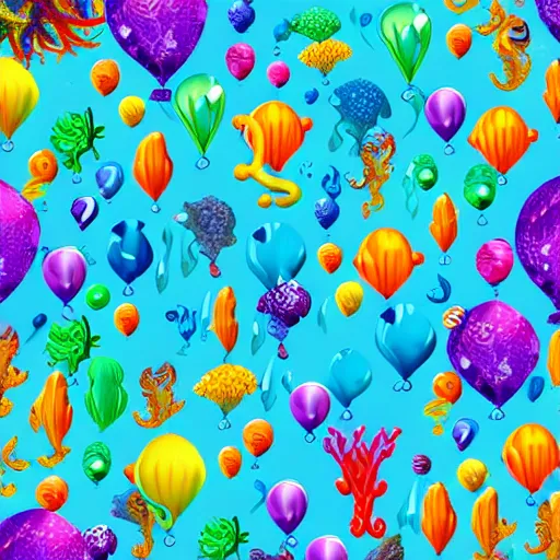 Image similar to balloon animals, under the sea, little mermaid magical kingdom, digital art