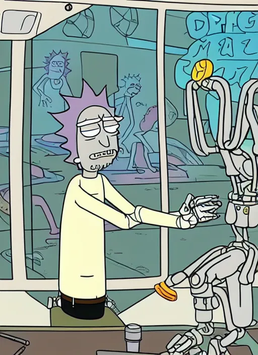 Image similar to a robot trying to draw a human hand, rick and morty art style illustration, justin roiland, dan harmon, location is a science fiction planet