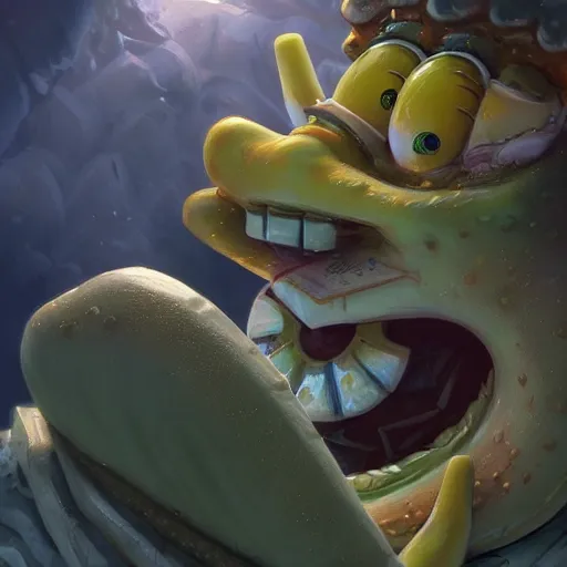 Image similar to Closeup of realistic spongebob squarepants, fantasy, intricate, elegant, highly detailed, digital painting, artstation, concept art, matte, sharp focus, illustration, hearthstone, art by Artgerm and Greg Rutkowski and Alphonse Mucha